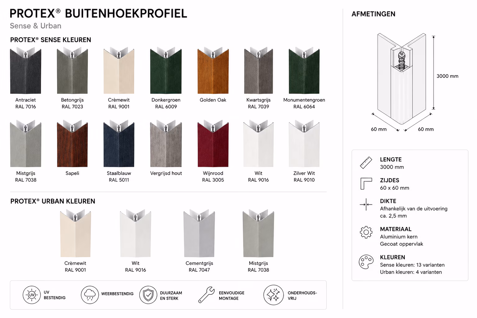 Protex buitenhoekprofiel kleuren en afmeting
