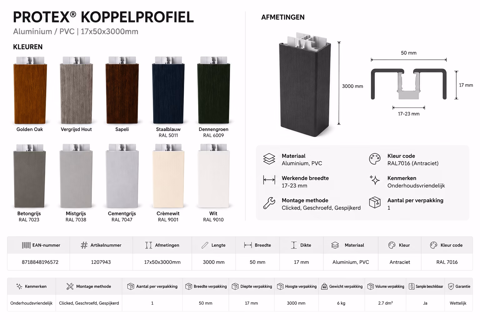 Protex koppelprofiel kleuren en afmeting