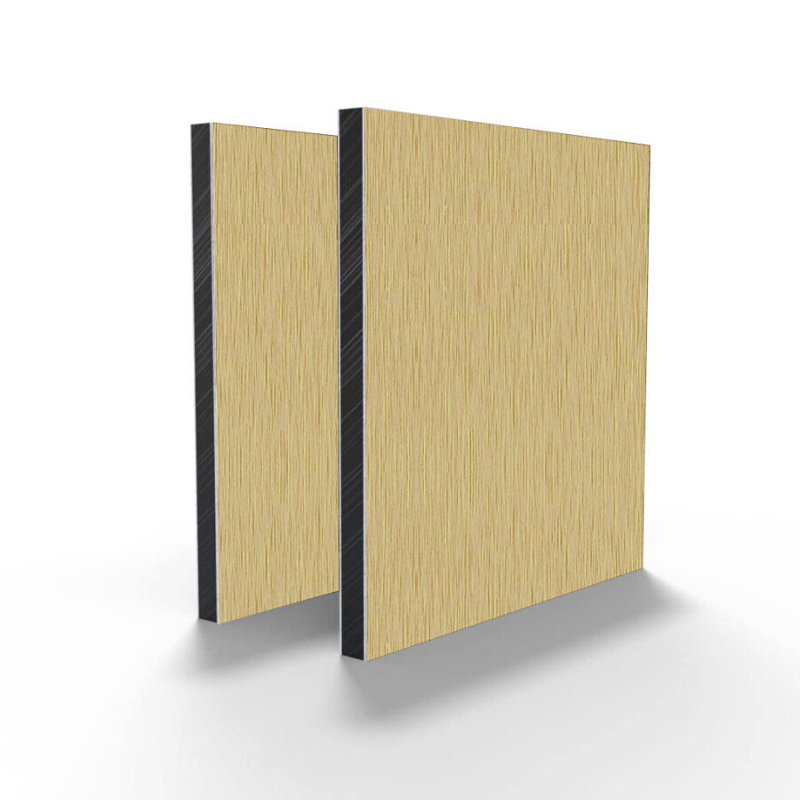 Alu PE plaat in Goud (Butlerfinish), een luxe en duurzame plaat met een geborstelde afwerking, ideaal voor gevelbekleding en decoratieve toepassingen.