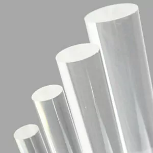 "GS acrylaat rondstaven van gegoten acrylglas, beschikbaar in diameters Ø 5 tot Ø 200 mm, met optische helderheid en een gladde afwerking."